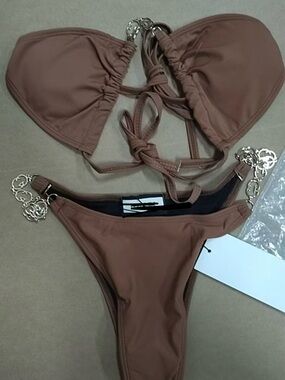 Women's Strapless Brown Bikini with Gold Accents
